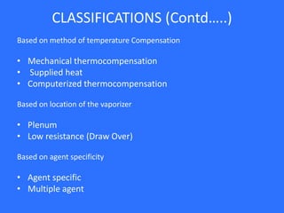 CLASSIFICATIONS (Contd…..)
Based on method of temperature Compensation
• Mechanical thermocompensation
• Supplied heat
• Computerized thermocompensation
Based on location of the vaporizer
• Plenum
• Low resistance (Draw Over)
Based on agent specificity
• Agent specific
• Multiple agent
 