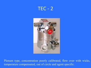 TEC - 2
Plenum type, concentration poorly calibrated, flow over with wicks,
temperature compensated, out of circle and agent specific.
 