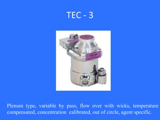 TEC - 3
Plenum type, variable by pass, flow over with wicks, temperature
compensated, concentration calibrated, out of circle, agent specific.
 