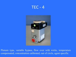 TEC - 4
Plenum type, variable bypass, flow over with wicks, temperature
compensated, concentration calibrated, out of circle, agent specific.
 