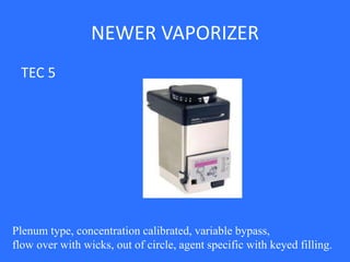 NEWER VAPORIZER
TEC 5
Plenum type, concentration calibrated, variable bypass,
flow over with wicks, out of circle, agent specific with keyed filling.
 