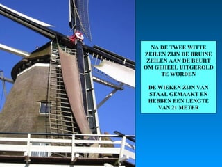 NA DE TWEE WITTE ZEILEN ZIJN DE BRUINE ZEILEN AAN DE BEURT OM GEHEEL UITGEROLD TE WORDEN DE WIEKEN ZIJN VAN STAAL GEMAAKT EN HEBBEN EEN LENGTE VAN 21 METER 