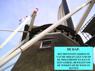 DE KAP.  HET BOVENSTE GEDEELTE VAN DE MOLEN LIGT LOS OP DE MOLENROMP EN KAN IN ZIJN GEHEEL BEWEGEN OM DE WIEKEN OP DE WIND TE ZETTEN 