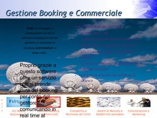 Gestione Booking e Commerciale CARATTERISTICHE DEL SOFTWARE BOOKING REAL TIME SICUREZZA DATI CON BACKUP AUTOMATICO ADATTABILITA’ A QUALSIASI STRUTTURA UTILIZZABILE OVUNQUE SIA DISPONIBILE INTERNET FLUSSO DATI CONTINUO DA PRENOTAZIONE A CONTABILIZZAZIONE FACILITA’ DI UTILIZZO CON INTERFACCIA GRAFICO Ho&c  ha sviluppato in collaborazione con Hit un software di booking on line che permette di controllare la situazione  prenotazioni  in tempo reale.  Proprio grazie a questo software offre un servizio che si prende cura del booking per conto del gestore, comunicando in real time al cliente l'eventuale disponibilità e all'albergatore l'avvenuta prenotazione. 
