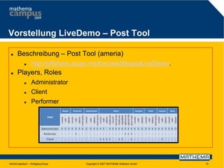 Vorstellung LiveDemo – Post Tool


Beschreibung – Post Tool (ameria)




http://offshore.sauer.ms/trac/wiki/BeipielLiveDemo.

Players, Roles


Administrator



Client



Performer

Höchst elastisch – Wolfgang Kraus

Copyright © 2007 MATHEMA Software GmbH

15

 