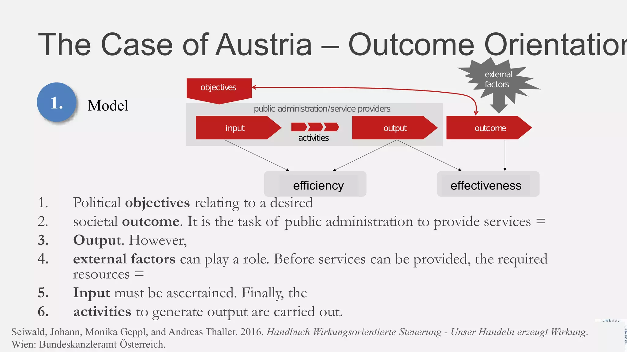 The Case of Austria – Outcome Orientation
1. Political objectives relating to a desired
2. societal outcome. It is the task of public administration to provide services =
3. Output. However,
4. external factors can play a role. Before services can be provided, the required
resources =
5. Input must be ascertained. Finally, the
6. activities to generate output are carried out.
29.06.2016 EDF2016 - Johann Höchtl Danube University Krems 12
1. Model
efficiency effectiveness
Seiwald, Johann, Monika Geppl, and Andreas Thaller. 2016. Handbuch Wirkungsorientierte Steuerung - Unser Handeln erzeugt Wirkung.
Wien: Bundeskanzleramt Österreich.
 