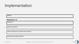 Implementation
EDF2016 - Johann Höchtl Danube University Krems 14 |
Outcome 1:
Why this outcome?
What is being done to achieve this outcome?
What would success look like?
Mission:
Outcomes 1-5
29.06.2016
 