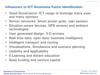 www.donau-uni.ac.at

Influencers to ICT-Smartness Factor Identification

• Good Governance: ICT usage to leverage many eyes
and many opinions
• Sensor networks: Smart power grids, user sensors
• Situation-aware devices: GPS sensors and ambient
technologies
• User generated design: 3-D printers
• Real time data, open data, business intelligence
• Intelligent transport and routing
• Visualisations, Simulations and scenario planning
• Usability and applicability
• E-Learning and distant education
• Seed funding and venture capital

Department for E-Governance
Danube University Krems. The University for Continuing Education.

5 December | 2013 | Page 29

NiCE project study visit

 