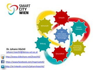 Umwelt

Wirtschaft

Soziale
Inklusion
IKT
Information
Kommunikation
Technologie

Bildung
Forschung,
Technologie,
Innovation

Dr. Johann Höchtl
johann.hoechtl@donau-uni.ac.at
http://www.slideshare.net/jhoechtl/

https://www.facebook.com/myprivate42
http://at.linkedin.com/in/johannhoechtl/

Gesundheit

 