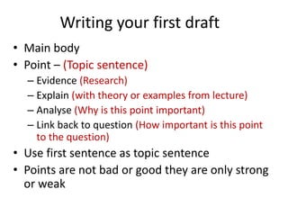 Writing your first draft
• Main body
• Point – (Topic sentence)
– Evidence (Research)
– Explain (with theory or examples from lecture)
– Analyse (Why is this point important)
– Link back to question (How important is this point
to the question)
• Use first sentence as topic sentence
• Points are not bad or good they are only strong
or weak
 