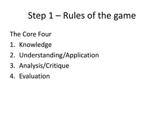 Step 1 – Rules of the game
The Core Four
1. Knowledge
2. Understanding/Application
3. Analysis/Critique
4. Evaluation
 
