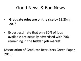 • Graduate roles are on the rise by 13.2% in
2015
• Expert estimate that only 30% of jobs
available are actually advertised with 70%
remaining in the hidden job market.
(Association of Graduate Recruiters Green Paper,
2015)
Good News & Bad News
 