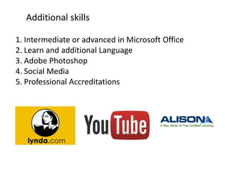 Additional skills
1. Intermediate or advanced in Microsoft Office
2. Learn and additional Language
3. Adobe Photoshop
4. Social Media
5. Professional Accreditations
 