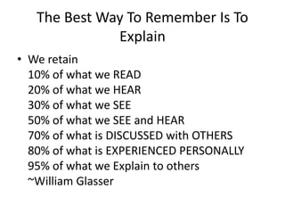 The Best Way To Remember Is To
Explain
• We retain
10% of what we READ
20% of what we HEAR
30% of what we SEE
50% of what we SEE and HEAR
70% of what is DISCUSSED with OTHERS
80% of what is EXPERIENCED PERSONALLY
95% of what we Explain to others
~William Glasser
 