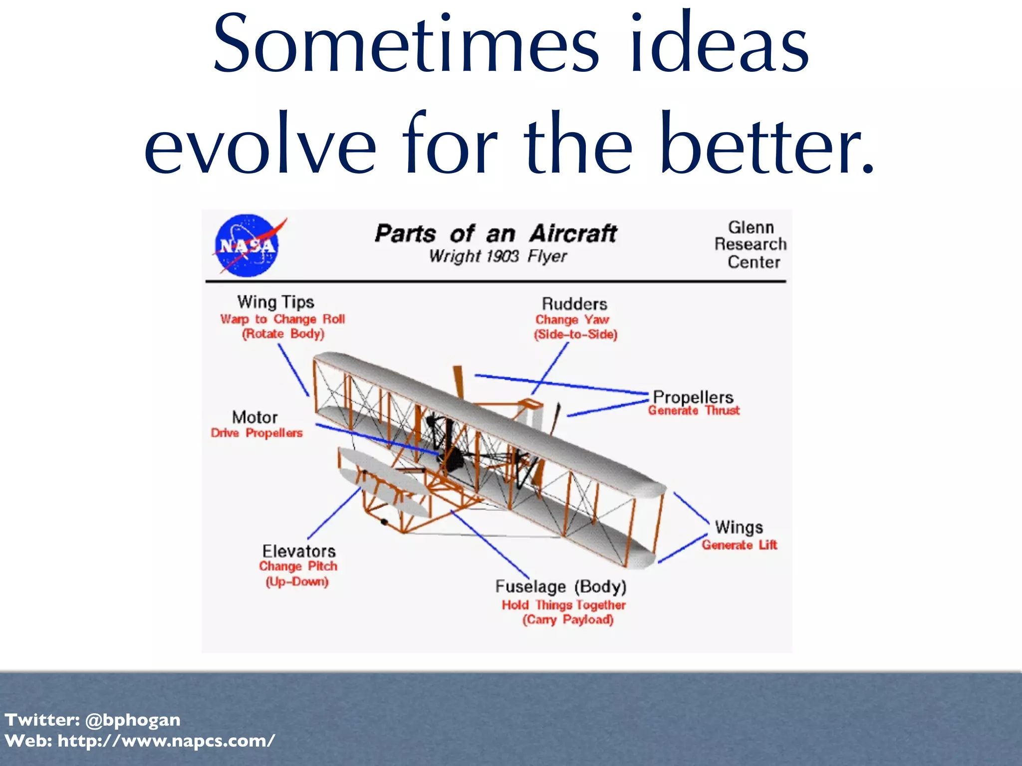 Sometimes ideas
             evolve for the better.




Twitter: @bphogan
Web: http://www.napcs.com/
 