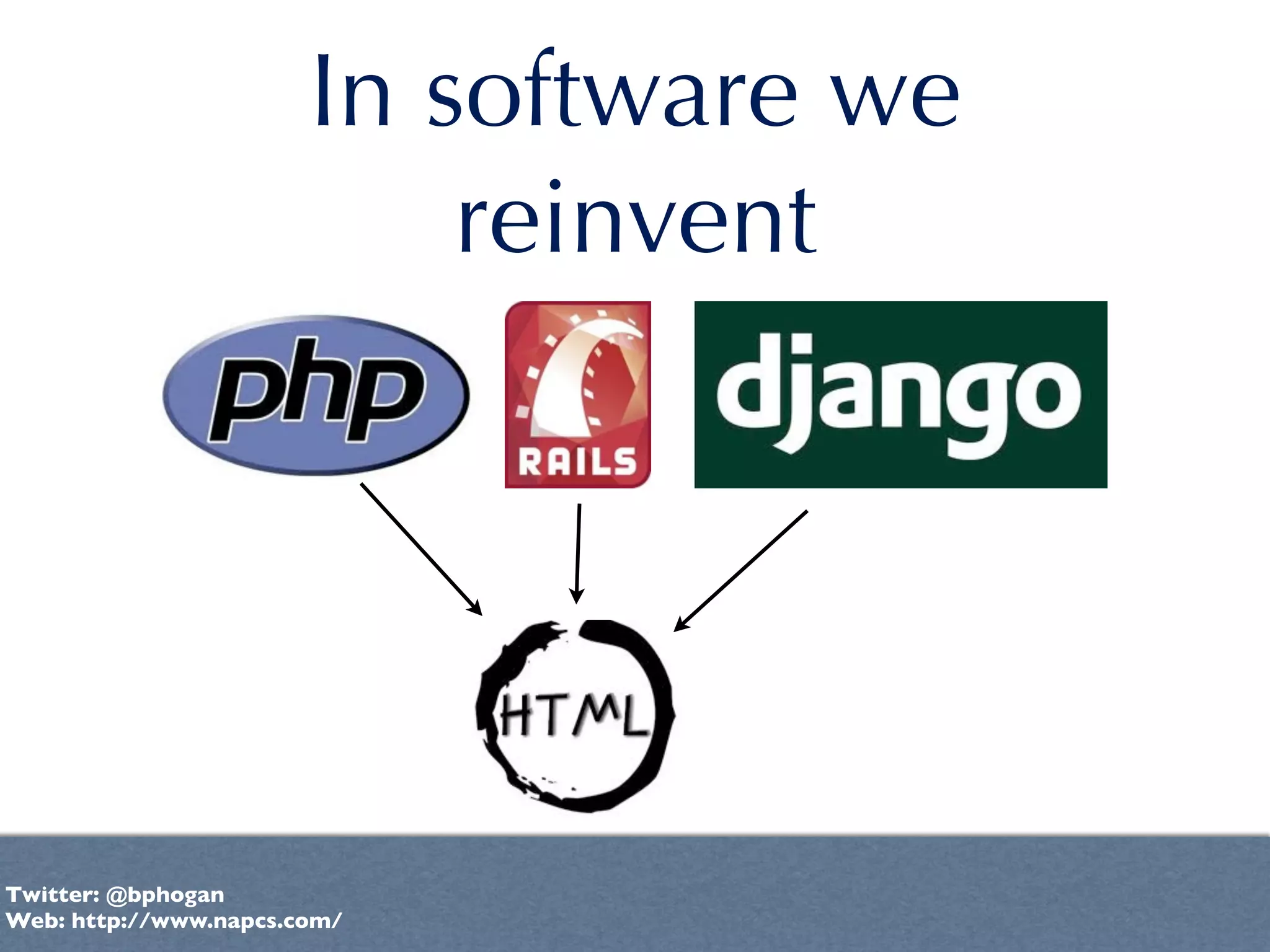 In software we
                           reinvent




Twitter: @bphogan
Web: http://www.napcs.com/
 