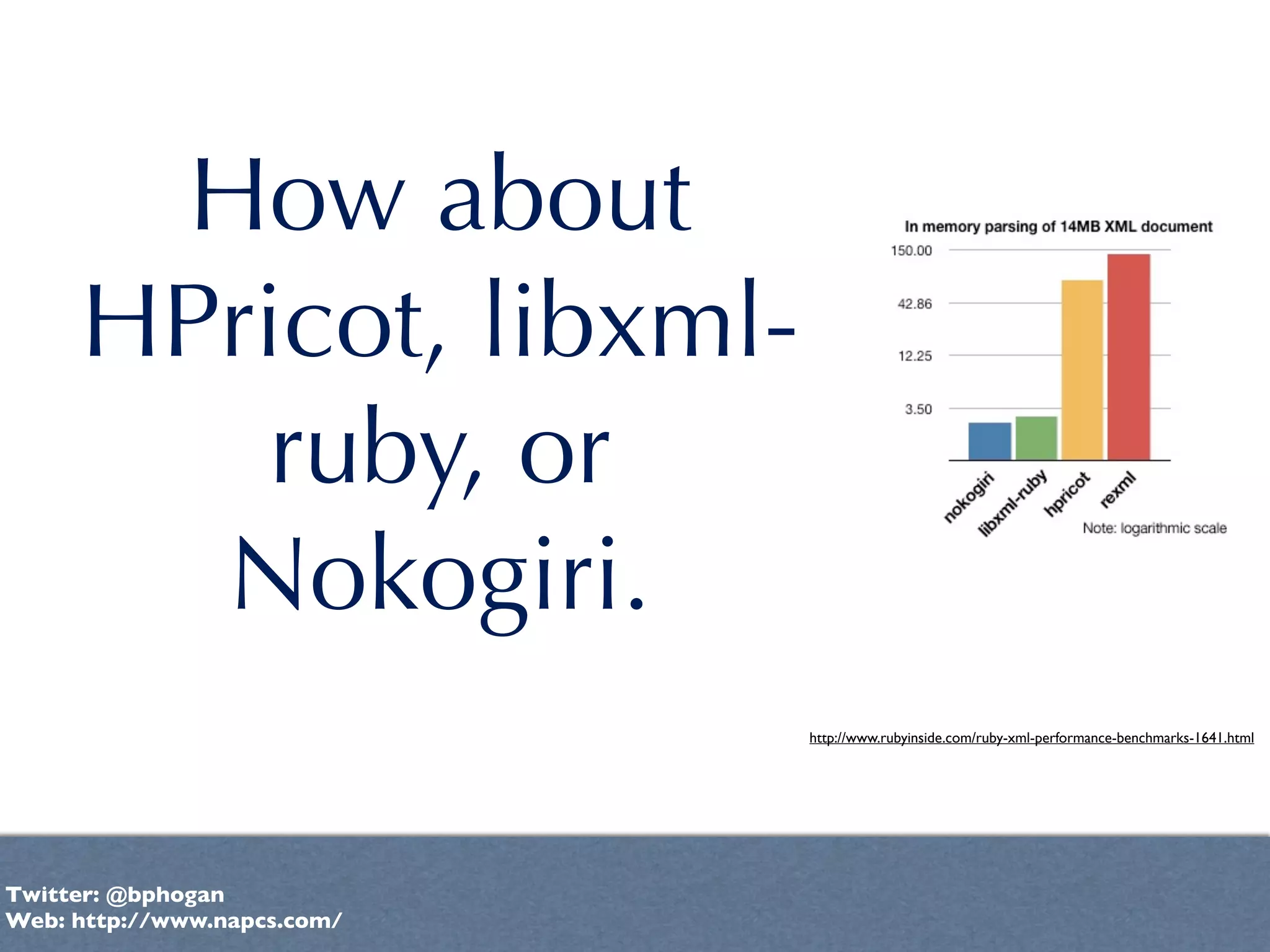 How about
     HPricot, libxml-
        ruby, or
       Nokogiri.
                             http://www.rubyinside.com/ruby-xml-performance-benchmarks-1641.html




Twitter: @bphogan
Web: http://www.napcs.com/
 