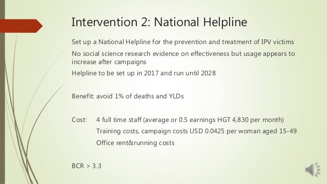 Intervention 2: National Helpline
Set up a National Helpline for the prevention and treatment of IPV victims
No social sci...