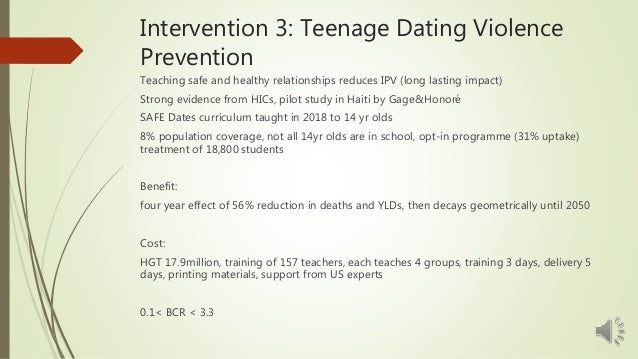 Intervention 3: Teenage Dating Violence
Prevention
Teaching safe and healthy relationships reduces IPV (long lasting impac...