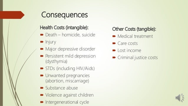 Consequences
Health Costs (intangible):
 Death – homicide, suicide
 Injury
 Major depressive disorder
 Persistent mild...