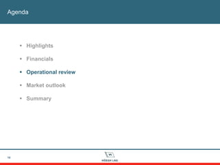 Agenda
10
 Highlights
 Financials
 Operational review
 Market outlook
 Summary
 