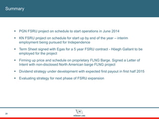 Summary
29
 PGN FSRU project on schedule to start operations in June 2014
 KN FSRU project on schedule for start up by end of the year – interim
employment being pursued for Independence
 Term Sheet signed with Egas for a 5 year FSRU contract - Höegh Gallant to be
employed for the project
 Firming up price and schedule on proprietary FLNG Barge. Signed a Letter of
Intent with non-disclosed North American barge FLNG project
 Dividend strategy under development with expected first payout in first half 2015
 Evaluating strategy for next phase of FSRU expansion
 