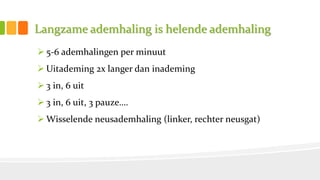 Langzame ademhaling is helende ademhaling
 5-6 ademhalingen per minuut
 Uitademing 2x langer dan inademing
 3 in, 6 uit
 3 in, 6 uit, 3 pauze….
 Wisselende neusademhaling (linker, rechter neusgat)
 