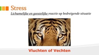 Stress
Lichamelijke en geestelijke reactie op bedreigende situatie
Vluchten of Vechten
 