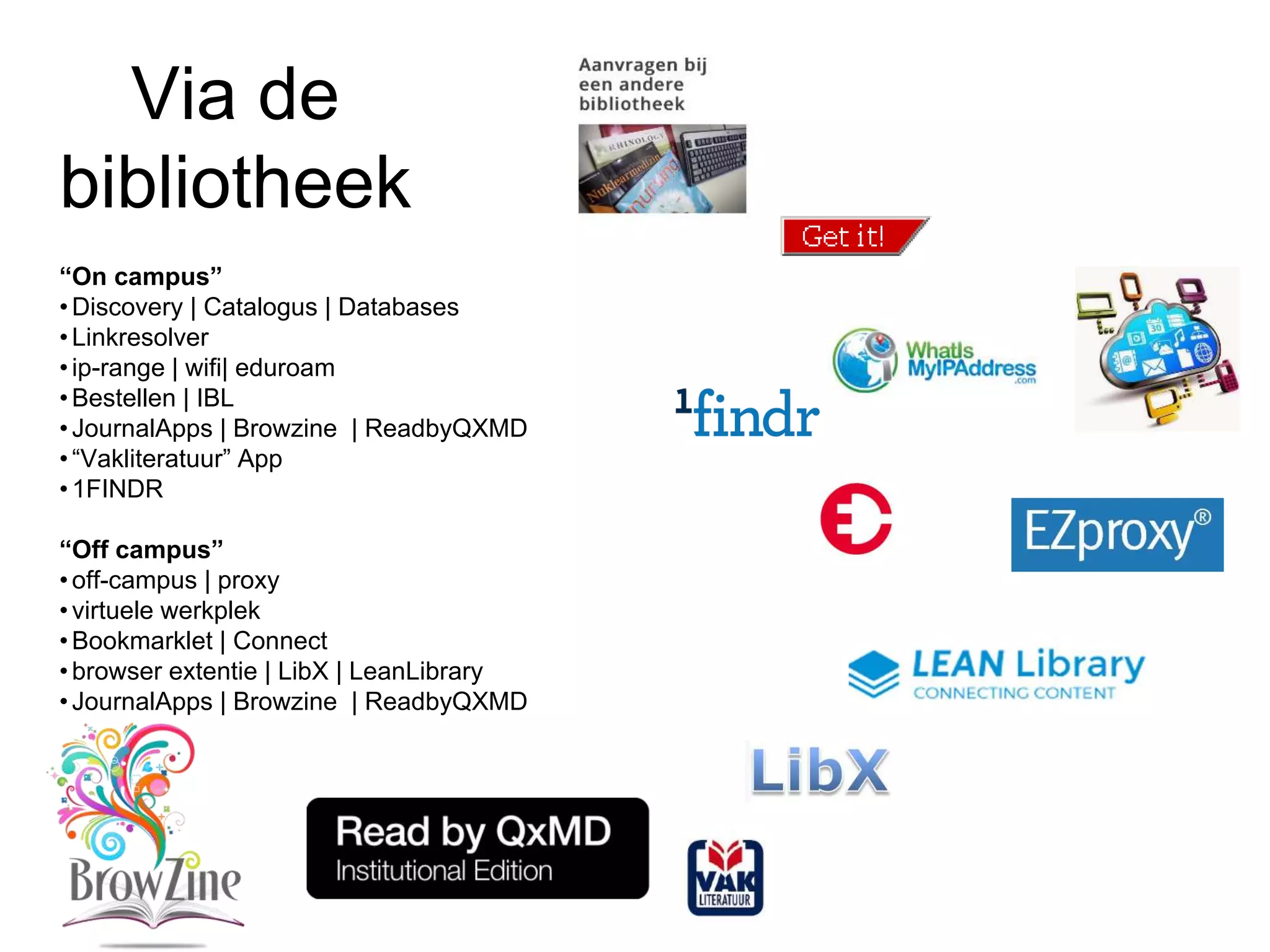 Via de
bibliotheek
“On campus”
•Discovery | Catalogus | Databases
•Linkresolver
•ip-range | wifi| eduroam
•Bestellen | IBL
•JournalApps | Browzine | ReadbyQXMD
•“Vakliteratuur” App
•1FINDR
“Off campus”
•off-campus | proxy
•virtuele werkplek
•Bookmarklet | Connect
•browser extentie | LibX | LeanLibrary
•JournalApps | Browzine | ReadbyQXMD
 