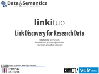 2 Semantics
Datato
From Data

Semantics for Scientific Data Publishers

linkitup 
Link Discovery for Research Data
Rinke Hoekstra and Paul Groth 
Network Insitute, VU University Amsterdam 
Law Faculty, University of Amsterdam
★

★

Linkitup - Link Discovery for Research Data by Rinke Hoekstra 
Licensed under a Creative Commons Attribution-ShareAlike 3.0 Unported License.

 