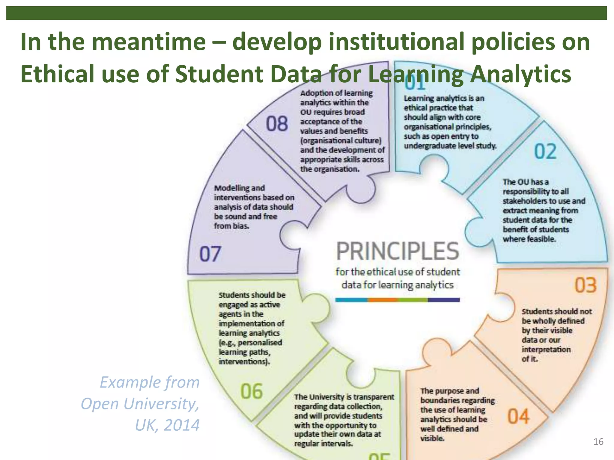 In the meantime – develop institutional policies on
Ethical use of Student Data for Learning Analytics
Example from
Open University,
UK, 2014
16
 