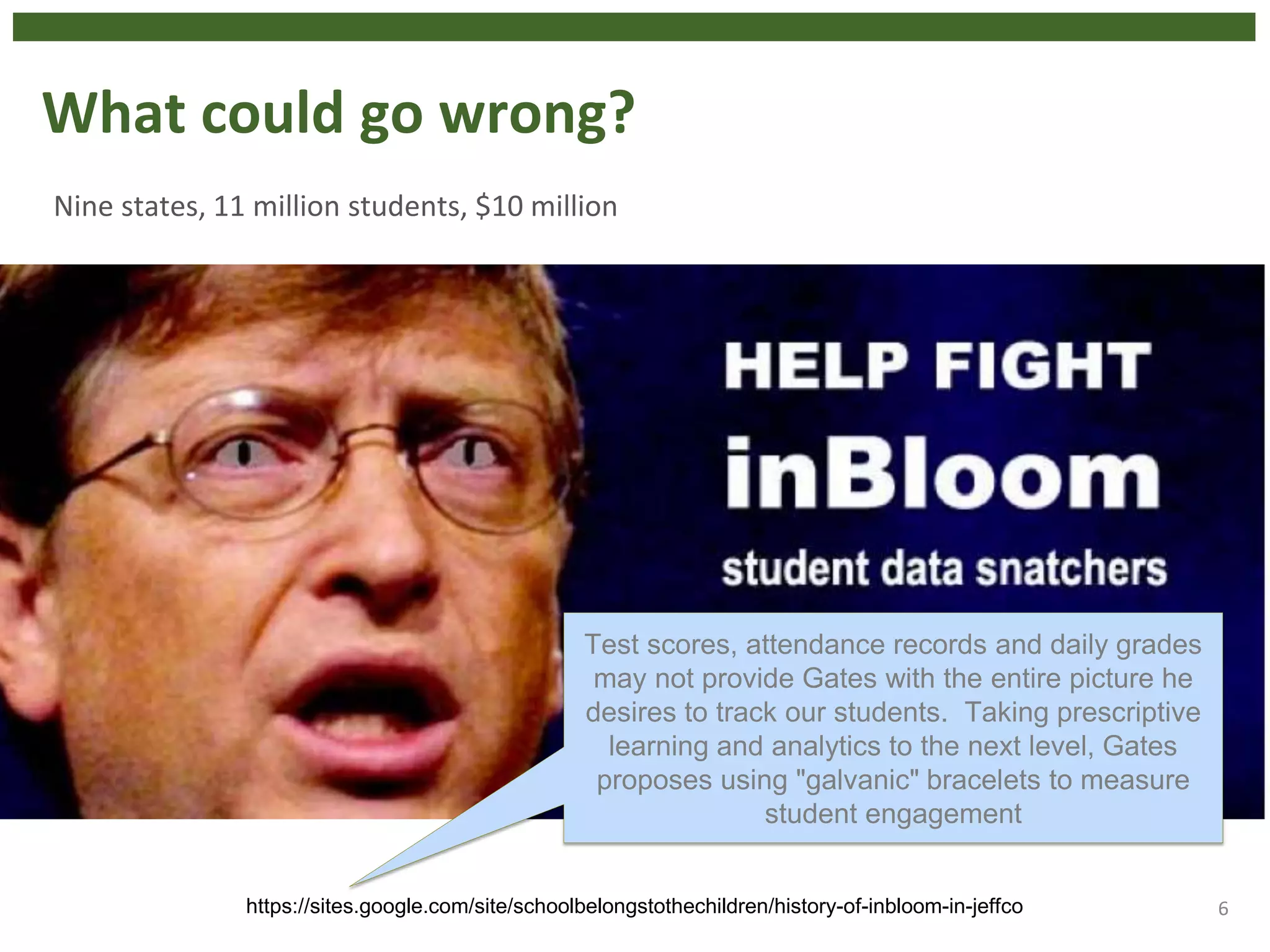 What could go wrong?
6
Test scores, attendance records and daily grades
may not provide Gates with the entire picture he
desires to track our students. Taking prescriptive
learning and analytics to the next level, Gates
proposes using "galvanic" bracelets to measure
student engagement
https://sites.google.com/site/schoolbelongstothechildren/history-of-inbloom-in-jeffco
Nine states, 11 million students, $10 million
 