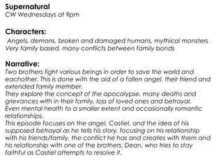 Supernatural
CW Wednesdays at 9pm

Characters:
Angels, demons, broken and damaged humans, mythical monsters
Very family ba...