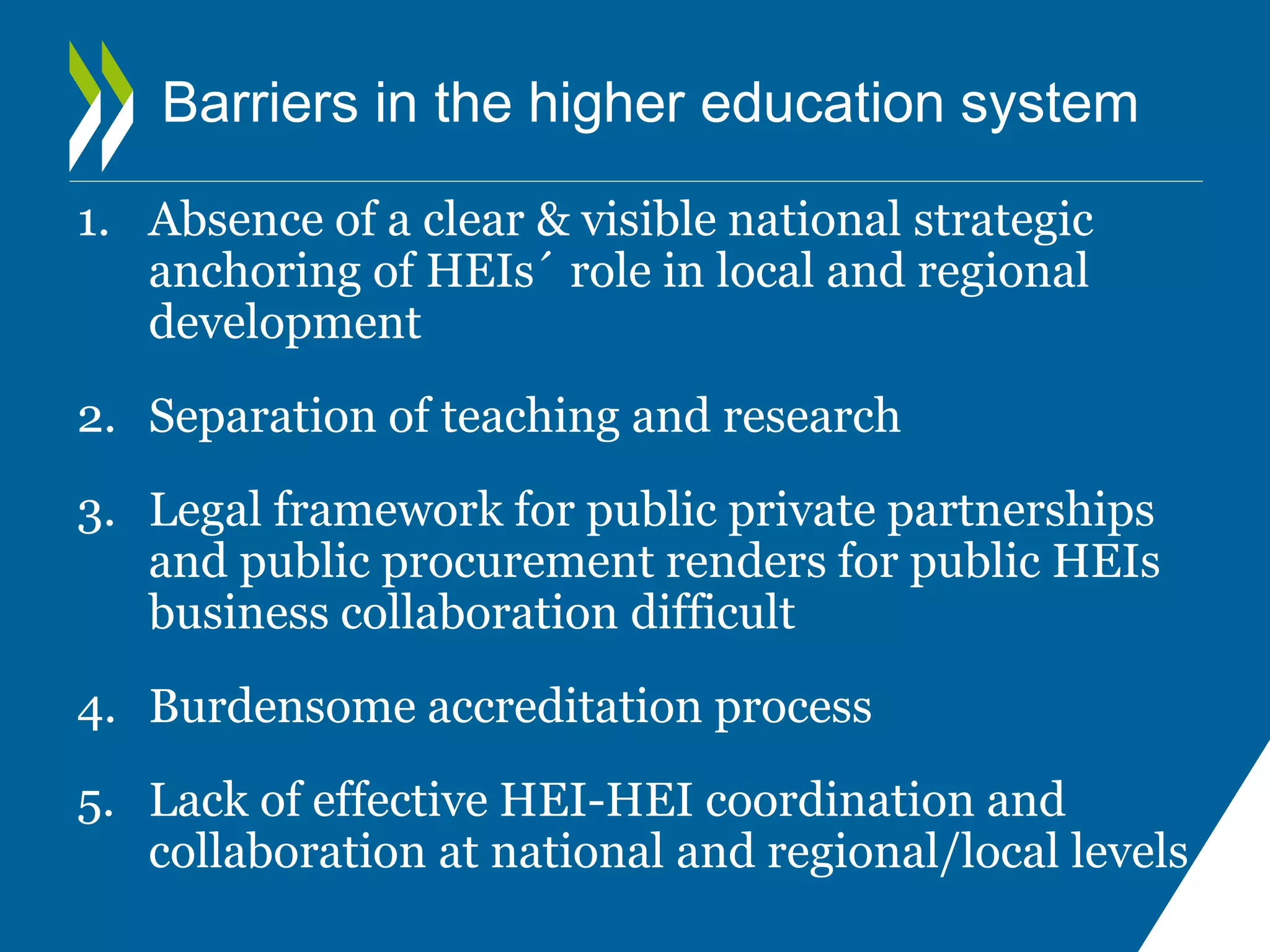 Barriers in the higher education system 
1. Absence of a clear & visible national strategic 
anchoring of HEIs´ role in local and regional 
development 
2. Separation of teaching and research 
3. Legal framework for public private partnerships 
and public procurement renders for public HEIs 
business collaboration difficult 
4. Burdensome accreditation process 
5. Lack of effective HEI-HEI coordination and 
collaboration at national and regional/local levels 
 