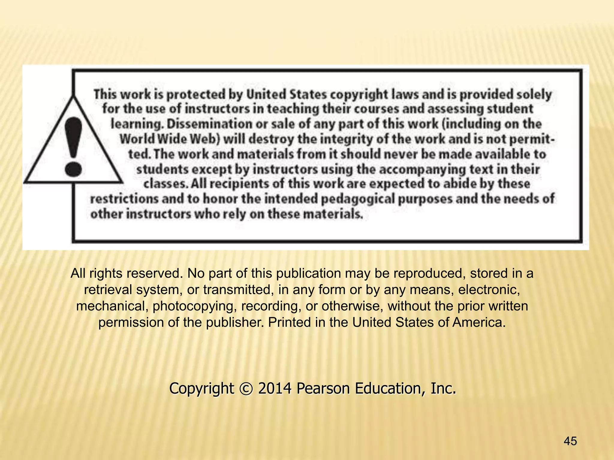 45
All rights reserved. No part of this publication may be reproduced, stored in a
retrieval system, or transmitted, in any form or by any means, electronic,
mechanical, photocopying, recording, or otherwise, without the prior written
permission of the publisher. Printed in the United States of America.
Copyright © 2014 Pearson Education, Inc.
 