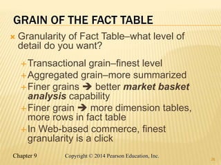 Chapter 9 26
Copyright © 2014 Pearson Education, Inc.
GRAIN OF THE FACT TABLE
 Granularity of Fact Table–what level of
de...