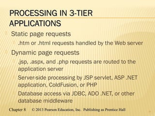 Chapter 8 © 2013 Pearson Education, Inc. Publishing as Prentice Hall© 2013 Pearson Education, Inc. Publishing as Prentice Hall
PROCESSING IN 3-TIERPROCESSING IN 3-TIER
APPLICATIONSAPPLICATIONS
 Static page requests
 .htm or .html requests handled by the Web server
 Dynamic page requests
 .jsp, .aspx, and .php requests are routed to the
application server
 Server-side processing by JSP servlet, ASP .NET
application, ColdFusion, or PHP
 Database access via JDBC, ADO .NET, or other
database middleware
20
 