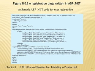 22
Figure 8-12 A registration page written in ASP .NETFigure 8-12 A registration page written in ASP .NET
a) Sample ASP .NET code for user registration
22
Chapter 8 © 2013 Pearson Education, Inc. Publishing as Prentice Hall© 2013 Pearson Education, Inc. Publishing as Prentice Hall
 
