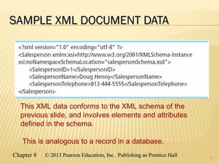 Chapter 8 © 2013 Pearson Education, Inc. Publishing as Prentice Hall© 2013 Pearson Education, Inc. Publishing as Prentice Hall
SAMPLE XML DOCUMENT DATASAMPLE XML DOCUMENT DATA
30
This XML data conforms to the XML schema of the
previous slide, and involves elements and attributes
defined in the schema.
This is analogous to a record in a database.
 