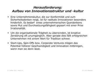 05  l  2015  HRpepperHoﬀest  2015  –  Arbeit  4.0  15
§  Eine  Unternehmenskultur,  die  zur  Konformität  und  zum  
Sicherheitsdenken  neigt,  ist  für  radikale  Innovationen  besonders  
hinderlich.  Es  bedarf    eines  unternehmerischen  Querdenkens  
sowie  Mut  und  Durchsetzungsfähigkeit  gepaart  mit  einer  Prise  
Irrationalität.  
§  Um  die  organisationale  Trägheit  zu  überwinden,  ist  kreative  
Zerstörung  oft  unumgänglich.  Aber  gerade  dies  fällt  erfolgreichen  
Unternehmen  mit  einem  Wert  für  Tradition  schwer.
§  Start-‐‑‒Ups,  Spin-‐‑‒Oﬀs  bzw.  Corporate  Ventures  mögen  das  
Potential  höherer  Geschwindigkeit  und  Innovation  mitbringen,  
wenn  man  sie  denn  lässt.  
Herausforderung:
Aufbau  von  Innovationsstruktur  und  -‐‑‒kultur
 