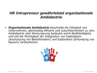 05  l  2015  HRpepperHoﬀest  2015  –  Arbeit  4.0  20
HR  Intrapreneur  gewährleistet  organisationale  
Ambidextrie    
§  Organisationale  Ambidextrie  beschreibt  die  Fähigkeit  von  
Unternehmen,  gleichzeitig  eﬃzient  und  zukunftsorientiert  zu  sein.  
Ambidextrie  vom  Wortursprung  bedeutet  somit  Beidhändigkeit,  
und  soll  die  Wichtigkeit  der  Integration  von  Exploitation  
(Ausnutzung  von  Bestehendem)  und  Exploration  (Erkundung  von  
Neuem)  verdeutlichen
 