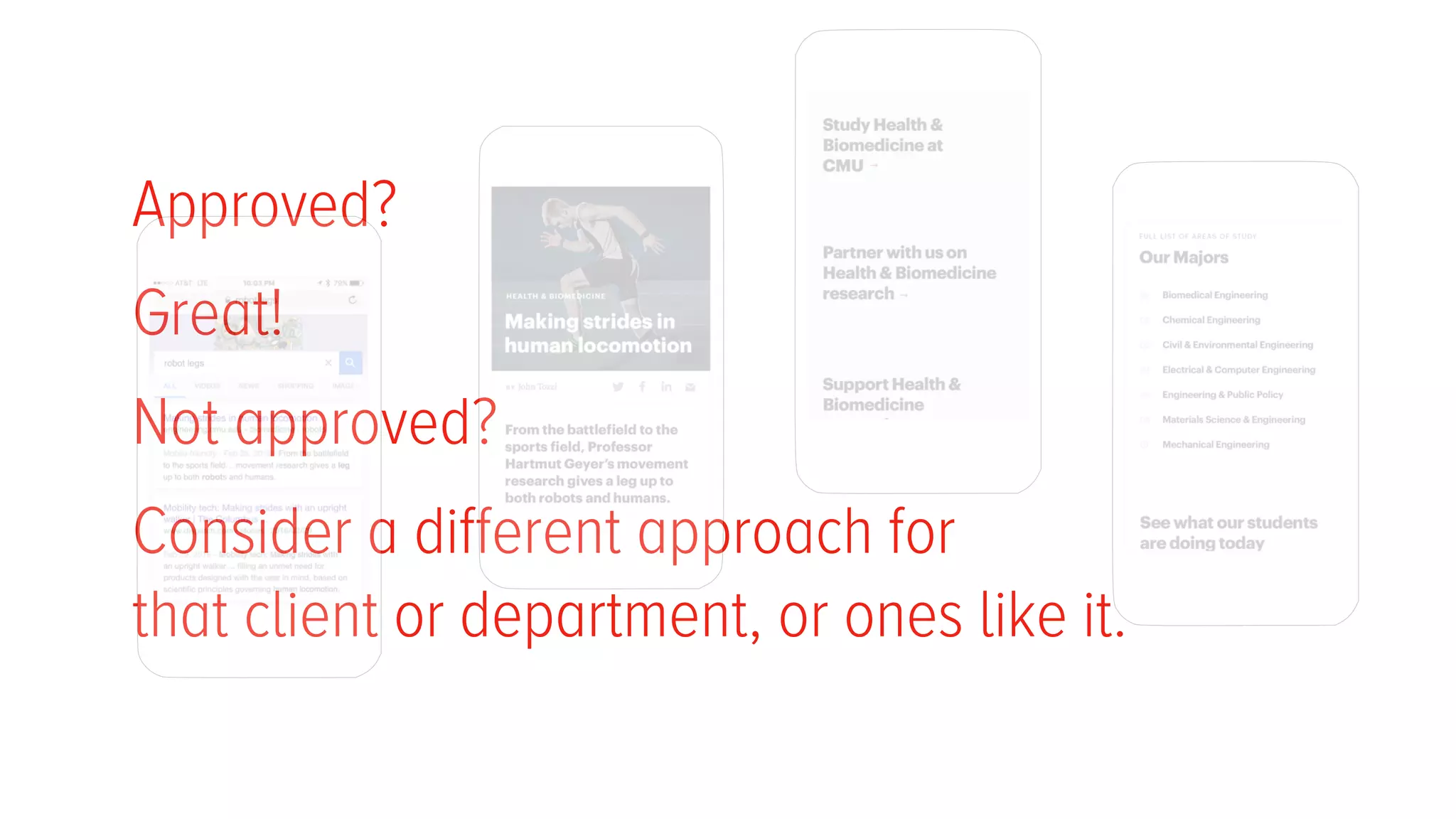 Approved?
Great!
Not approved?
Consider a different approach for  
that client or department, or ones like it.
 