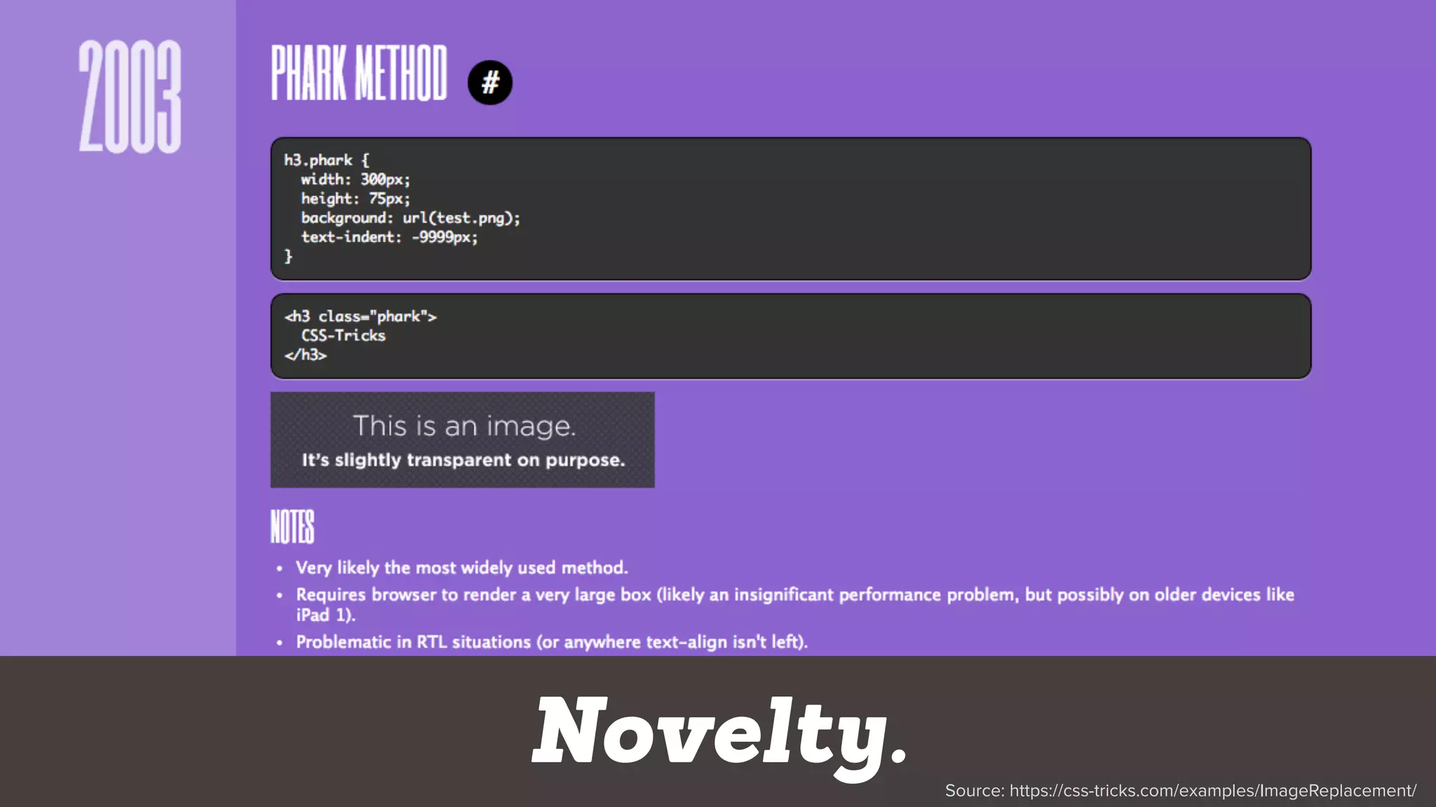 Source: https://css-tricks.com/examples/ImageReplacement/
Novelty.
 