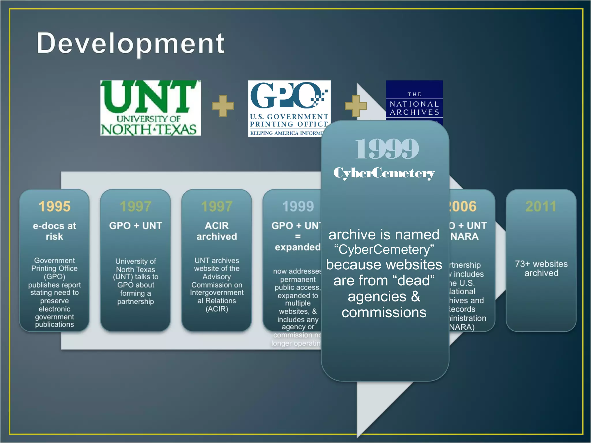 1999
 CyberCemetery



archive is named
 “CyberCemetery”
because websites
 are from “dead”
   agencies &
  commissions
 