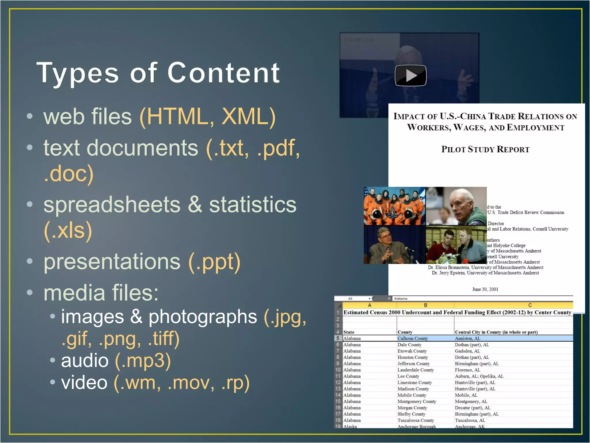 • web files (HTML, XML)
• text documents (.txt, .pdf,
  .doc)
• spreadsheets & statistics
  (.xls)
• presentations (.ppt)
• media files:
  • images & photographs (.jpg,
    .gif, .png, .tiff)
  • audio (.mp3)
  • video (.wm, .mov, .rp)
 