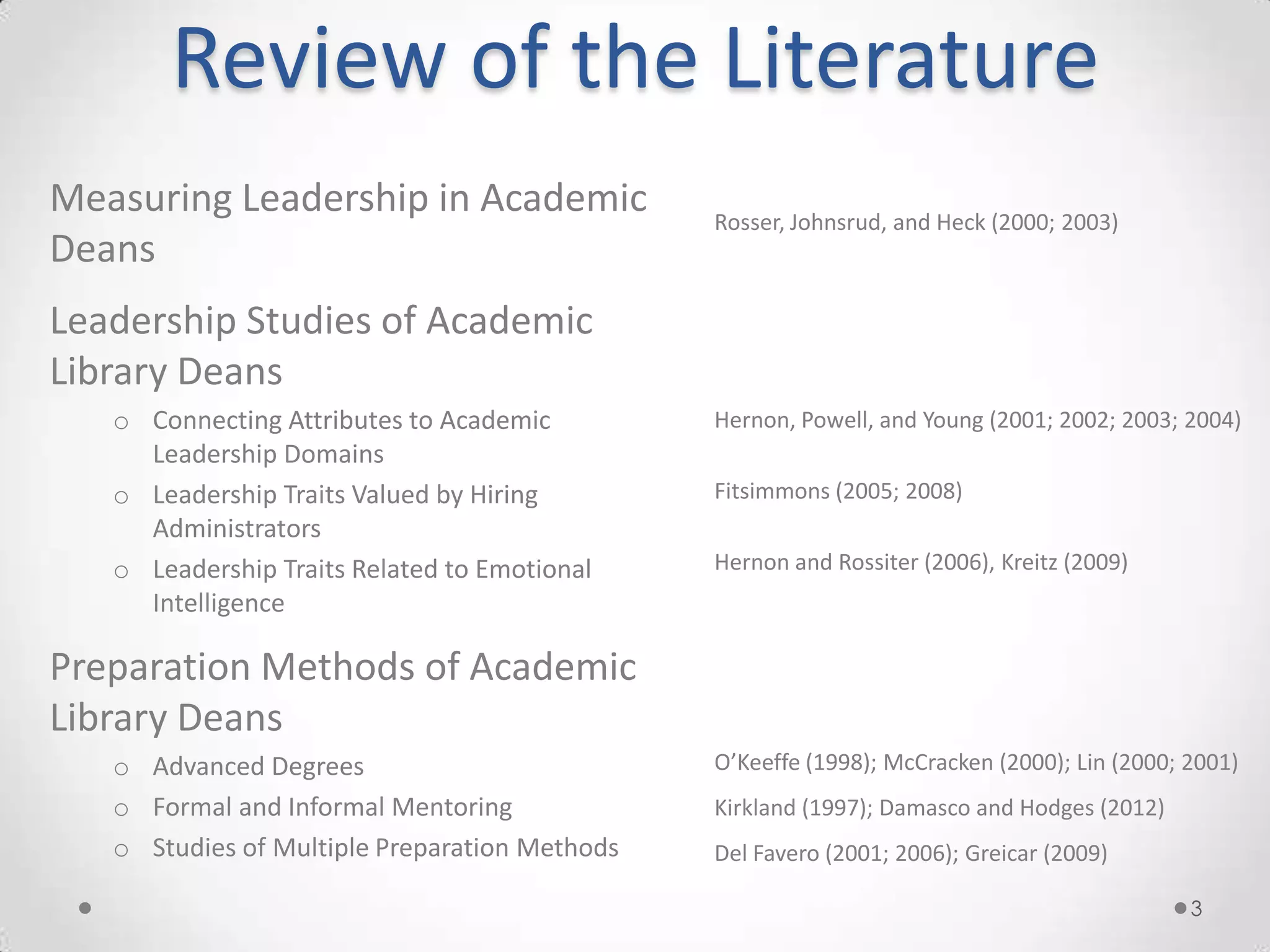 Review of the Literature
Measuring Leadership in Academic               Rosser, Johnsrud, and Heck (2000; 2003)
Deans
Leadership Studies of Academic
Library Deans
   o Connecting Attributes to Academic         Hernon, Powell, and Young (2001; 2002; 2003; 2004)
     Leadership Domains
   o Leadership Traits Valued by Hiring        Fitsimmons (2005; 2008)
     Administrators
   o Leadership Traits Related to Emotional    Hernon and Rossiter (2006), Kreitz (2009)
     Intelligence

Preparation Methods of Academic
Library Deans
   o Advanced Degrees                          O’Keeffe (1998); McCracken (2000); Lin (2000; 2001)
   o Formal and Informal Mentoring             Kirkland (1997); Damasco and Hodges (2012)
   o Studies of Multiple Preparation Methods   Del Favero (2001; 2006); Greicar (2009)

                                                                                             3
 
