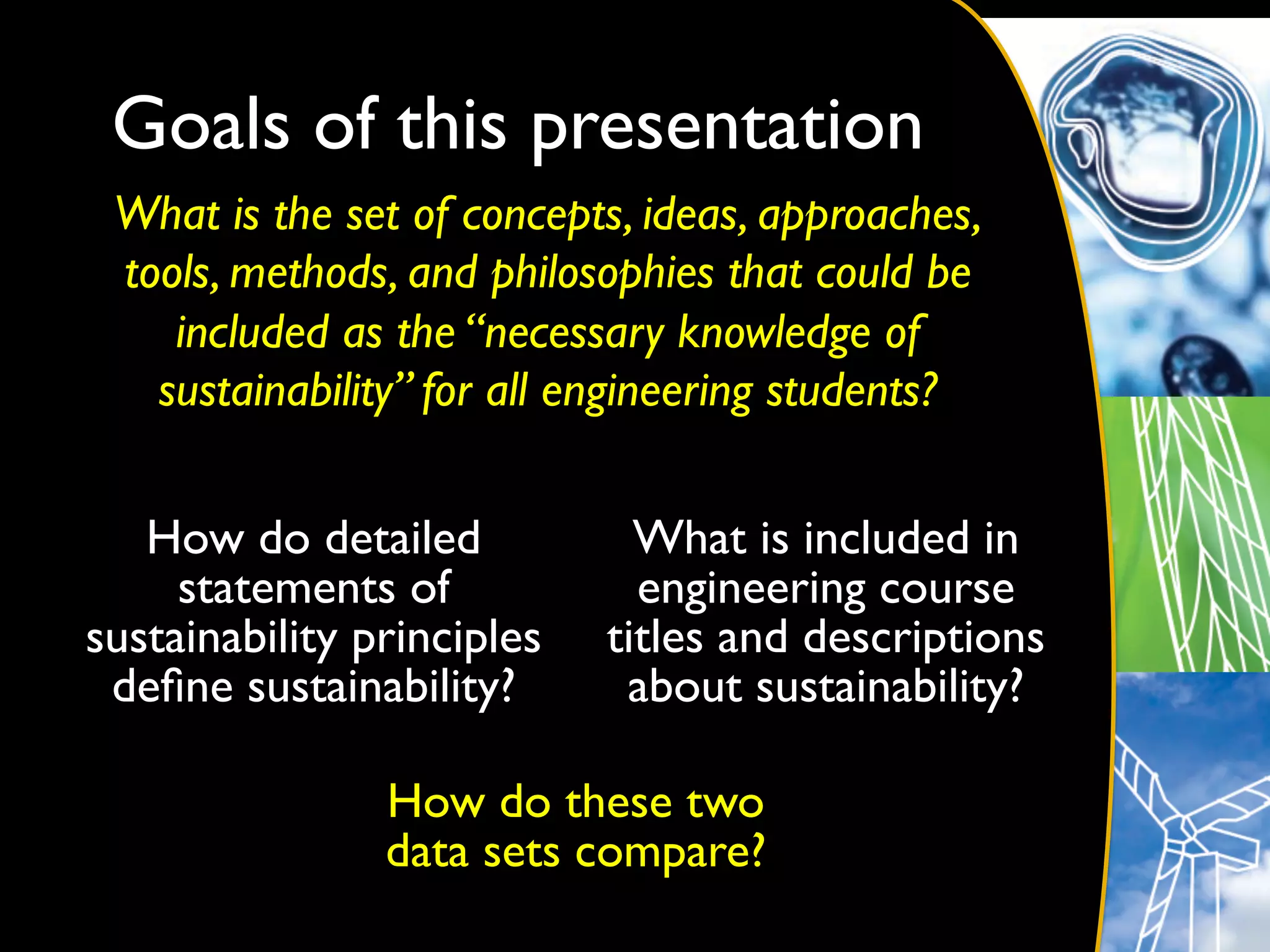 Goals of this presentation	

 What is the set of concepts, ideas, approaches,
 tools, methods, and philosophies that could be
    included as the “necessary knowledge of
   sustainability” for all engineering students?	

                         	
  


   How do detailed                What is included in
     statements of                engineering course
sustainability principles       titles and descriptions
 deﬁne sustainability?	

        about sustainability? 	


                How do these two
                data sets compare?	

 