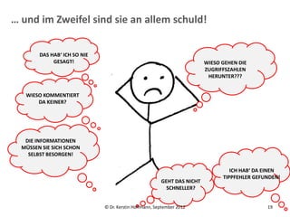 … und im Zweifel sind sie an allem schuld!

        DAS HAB‘ ICH SO NIE
             GESAGT!                                                     WIESO GEHEN DIE
                                                                         ZUGRIFFSZAHLEN
                                                                          HERUNTER???


   WIESO KOMMENTIERT
       DA KEINER?




   DIE INFORMATIONEN
  MÜSSEN SIE SICH SCHON
    SELBST BESORGEN!

                                                                                  ICH HAB‘ DA EINEN
                                                                               TIPPFEHLER GEFUNDEN!
                                                        GEHT DAS NICHT
                                                          SCHNELLER?


                              © Dr. Kerstin Hoffmann, September 2012                          19
 