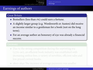 Background
                                                Types of contracts
                                     Findings
                                                Earnings
                 Average author and copyright


Earnings of authors
  Great Britain
      Bestsellers (less than         ) could earn a fortune.
       A slightly larger group (e.g. Wordsworth or Austen) did receive
       an income similar to a gentleman for a book (not on the long
       term).
       For an average author an honorary of                     was already a nancial
       success.

  Germany
       Due to the strong competition during the reprinting era
       (    – ), an e cient book industry was established with
       increasing author fees, a variety of novelties, e cient sales and
       low priced current books.
            –         e increase of average payments was smaller.
                            Eckhard Höffner     Structure of authors’ earnings
 