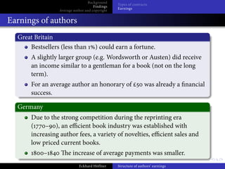 Background
                                                Types of contracts
                                     Findings
                                                Earnings
                 Average author and copyright


Earnings of authors
  Great Britain
      Bestsellers (less than         ) could earn a fortune.
       A slightly larger group (e.g. Wordsworth or Austen) did receive
       an income similar to a gentleman for a book (not on the long
       term).
       For an average author an honorary of                     was already a nancial
       success.

  Germany
       Due to the strong competition during the reprinting era
       (    – ), an e cient book industry was established with
       increasing author fees, a variety of novelties, e cient sales and
       low priced current books.
            –         e increase of average payments was smaller.
                            Eckhard Höffner     Structure of authors’ earnings
 